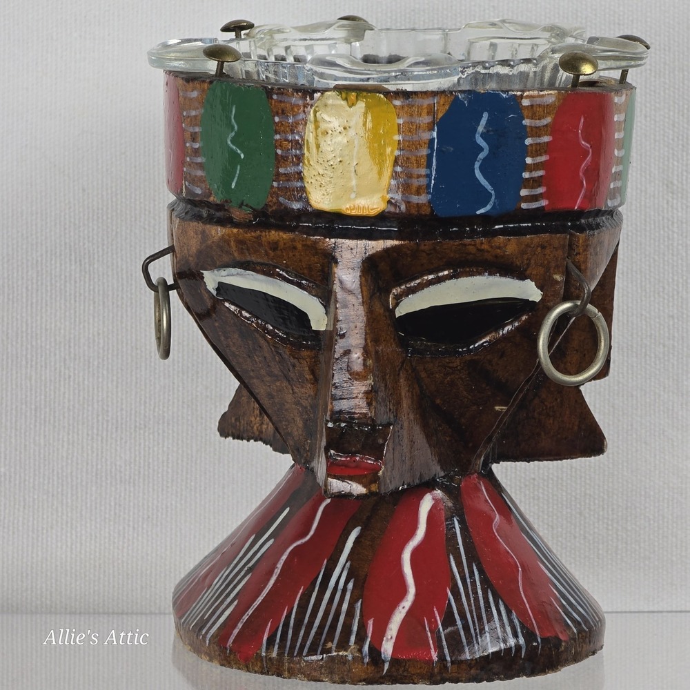 Tribal Ashtray Ethnic Face Hand Carved Wooden Painted Vintage Tiki Trinket Dish